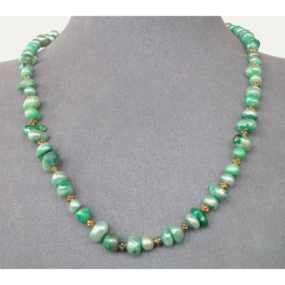Green & Gold Freshwater Pearl & Malachite Beaded Necklace With Magnetic Clasp
